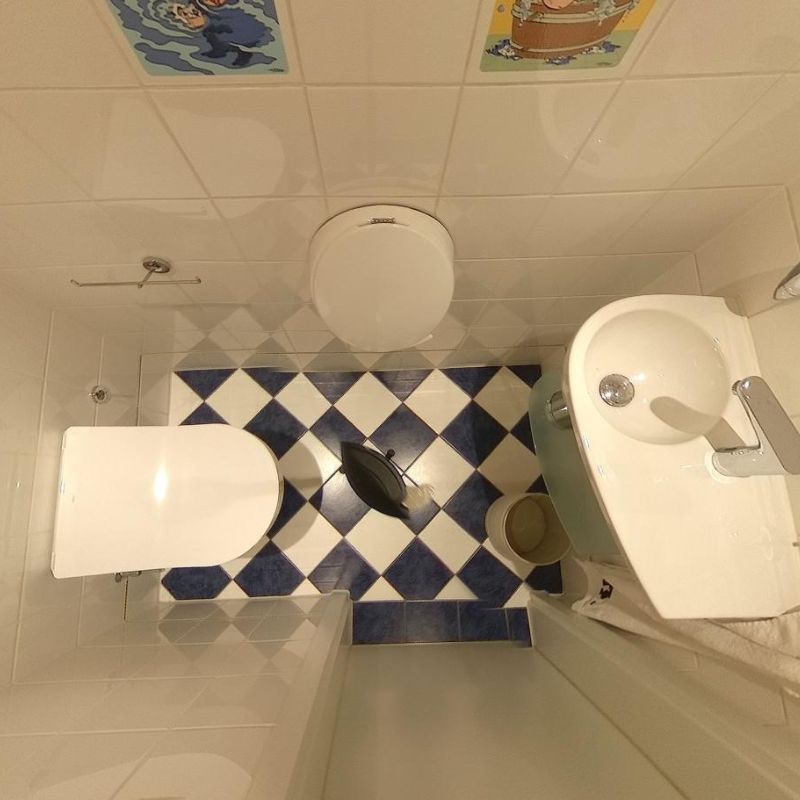 Vorher: WC mit blau-weißen Fliesen