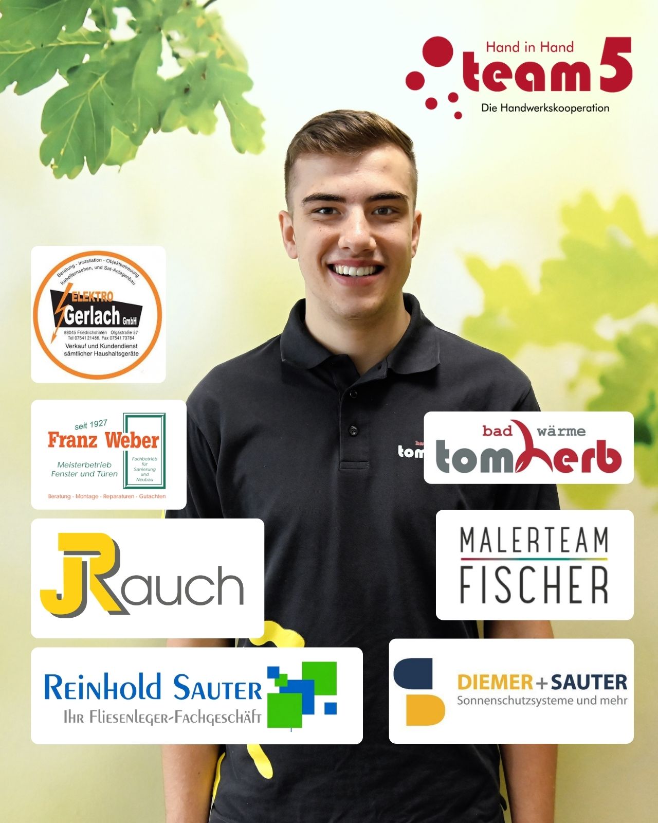 Lennert mit den Logos von Herb und den Betrieben von Team 5